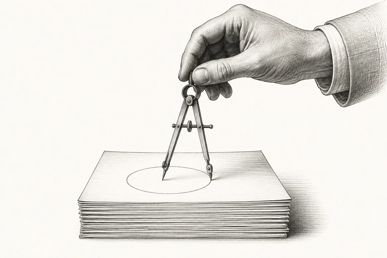 An engraved hand guides a drafting compass over a stack of blank pages.