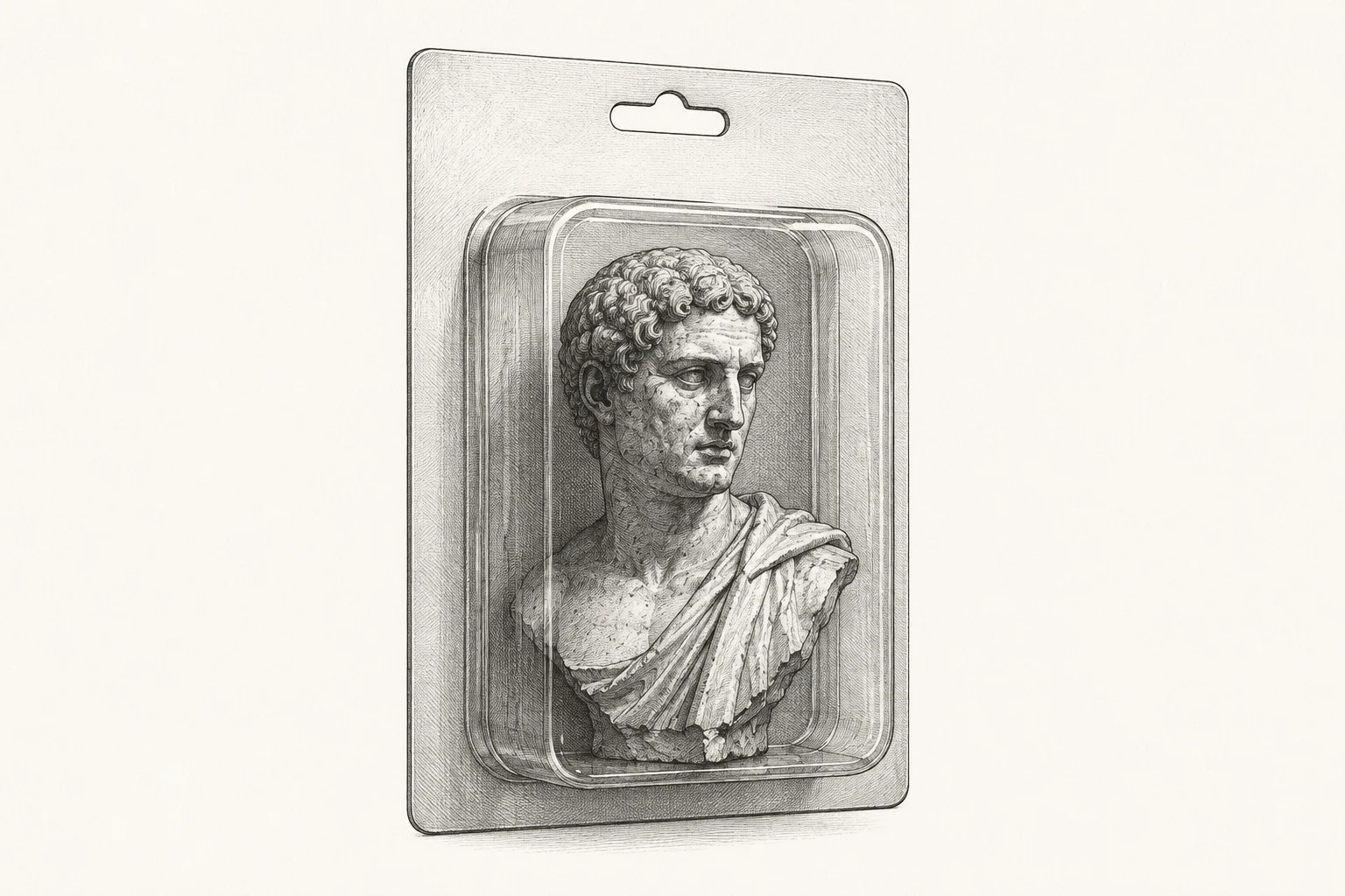 An engraved classical bust enclosed in a modern retail blister package.